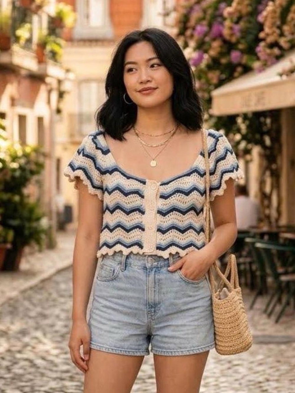 Zara Crochet Chevron Knit Top - Blue & Cream, Scalloped Flutter Sleeve Size M